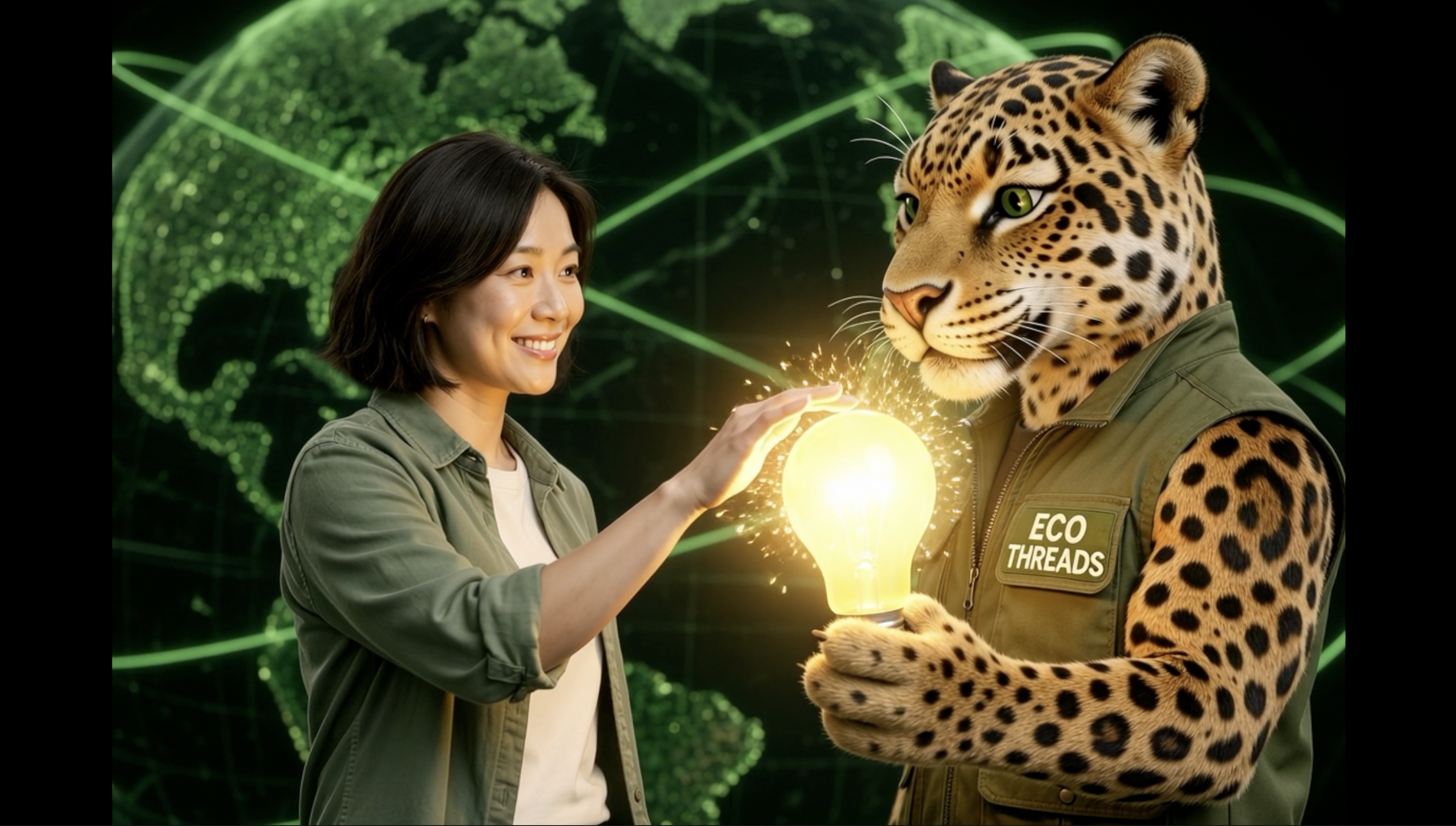 Spark the Eco Cheetah, LAAMT’s eco-media ambassador, in his navy hoodie with a leaf emblem